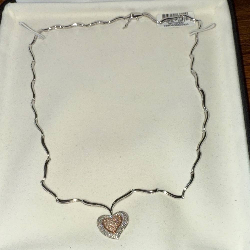 Silver Wavy Chain Necklace with Rose Gold and Clear Crystal Heart Pendant